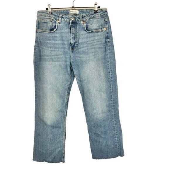 Zara Light Wash High Rise Straight Leg Raw Hem Jeans 10 - Picture 2 of 5